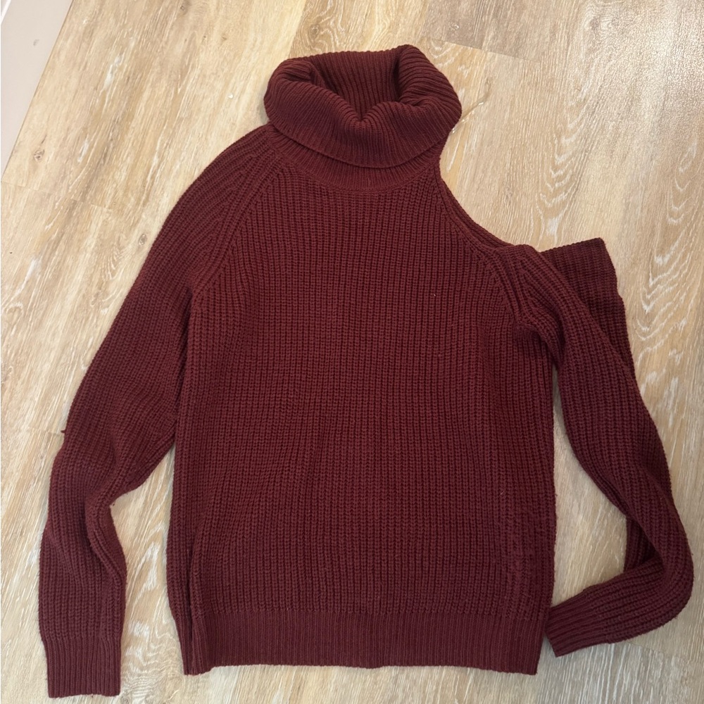 Women's Burgundy Turtleneck Sweater. Open shoulder